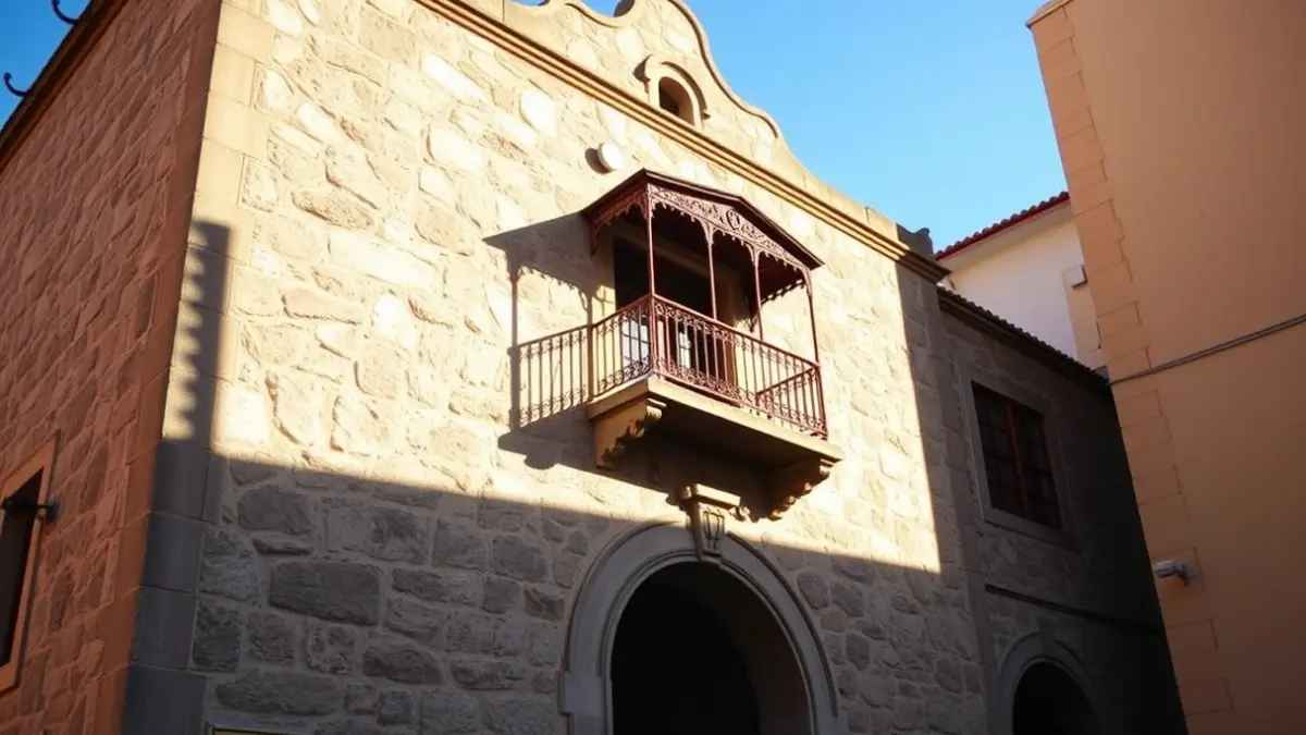 Facade of a Canarian town hall with a balcony and iron railings, under sunlight.