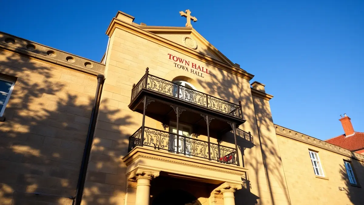 Stone town hall facade with balcony and iron railings, under warm afternoon sunlight.