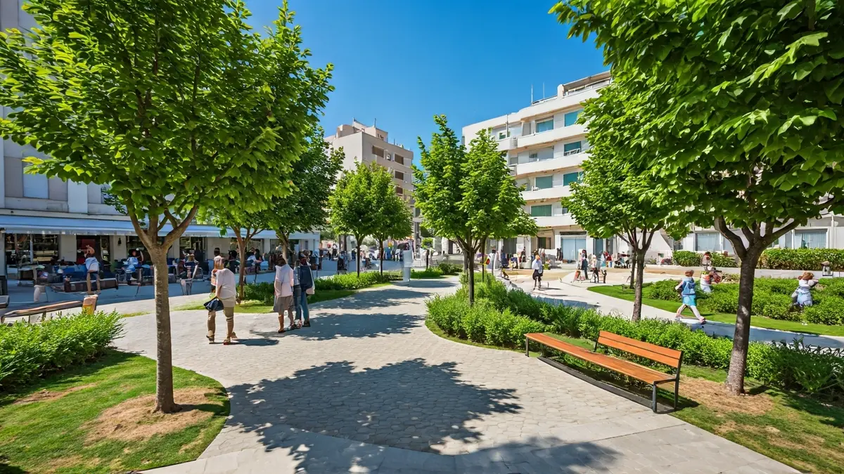 Imagen de un parque urbano con zonas verdes, árboles y una lámina de agua.