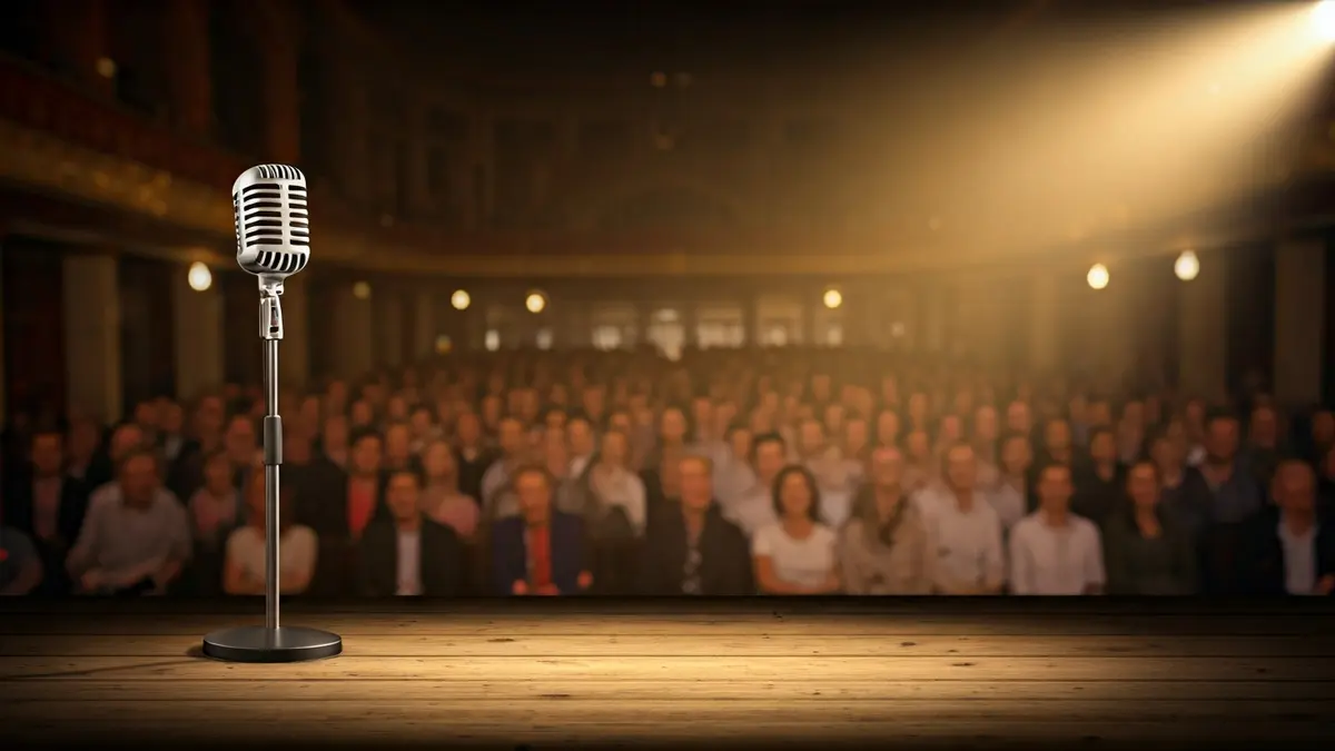 Generic image of a theatrical stage with a microphone under a spotlight.
