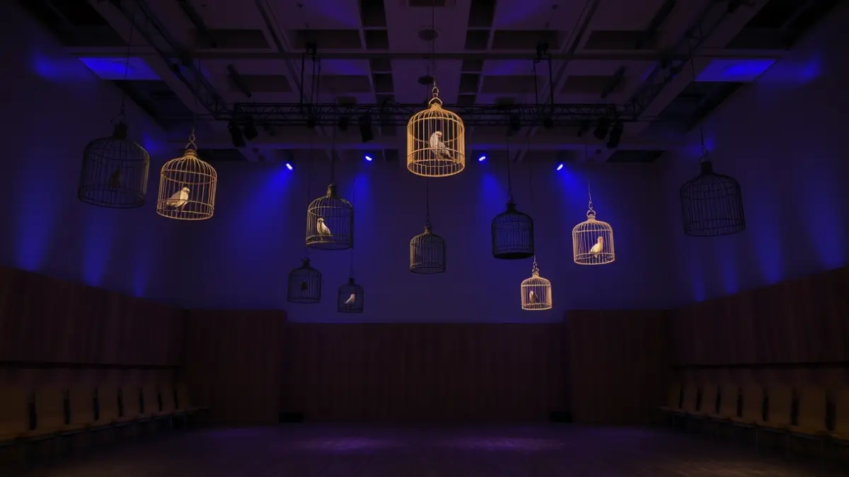 Escenario vacío con jaulas de pájaros colgando, iluminado con luces azules y moradas.
