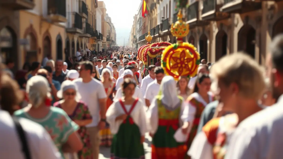 Imagen de una romería tradicional canaria con gente y carretas decoradas.