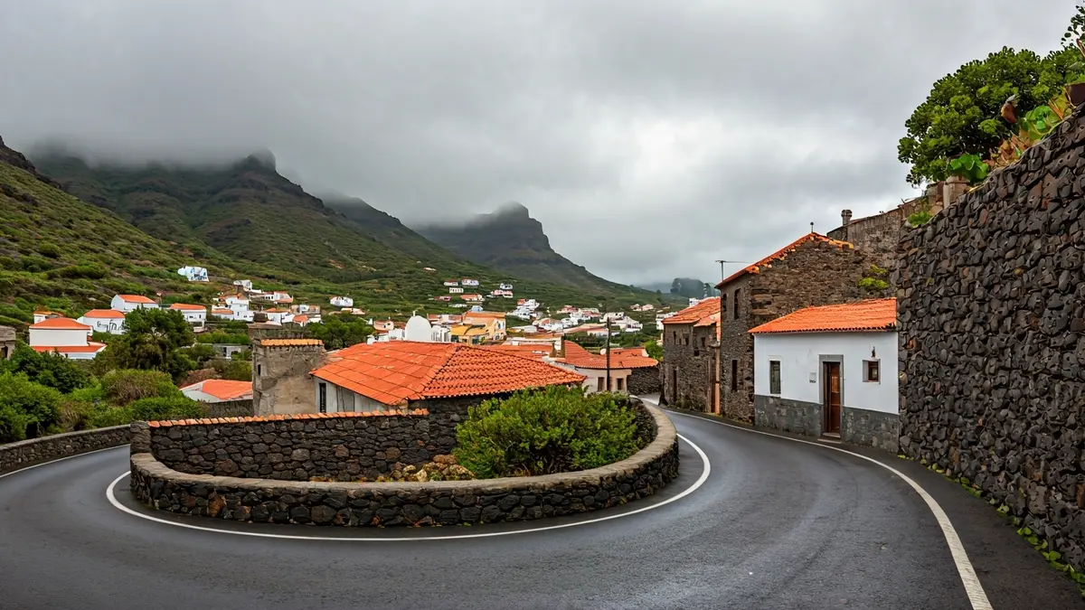 Image of Tejeda under an overcast sky with light rain.