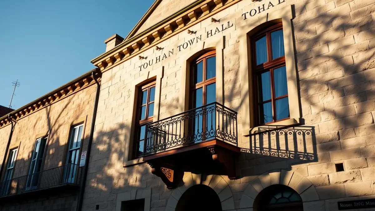 Stone town hall facade with balcony and iron railings, under warm afternoon sunlight.