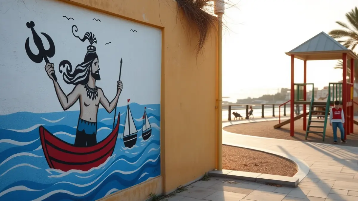 Mural con motivos marineros en un paseo costero, con la figura de Neptuno y barcos pesqueros.