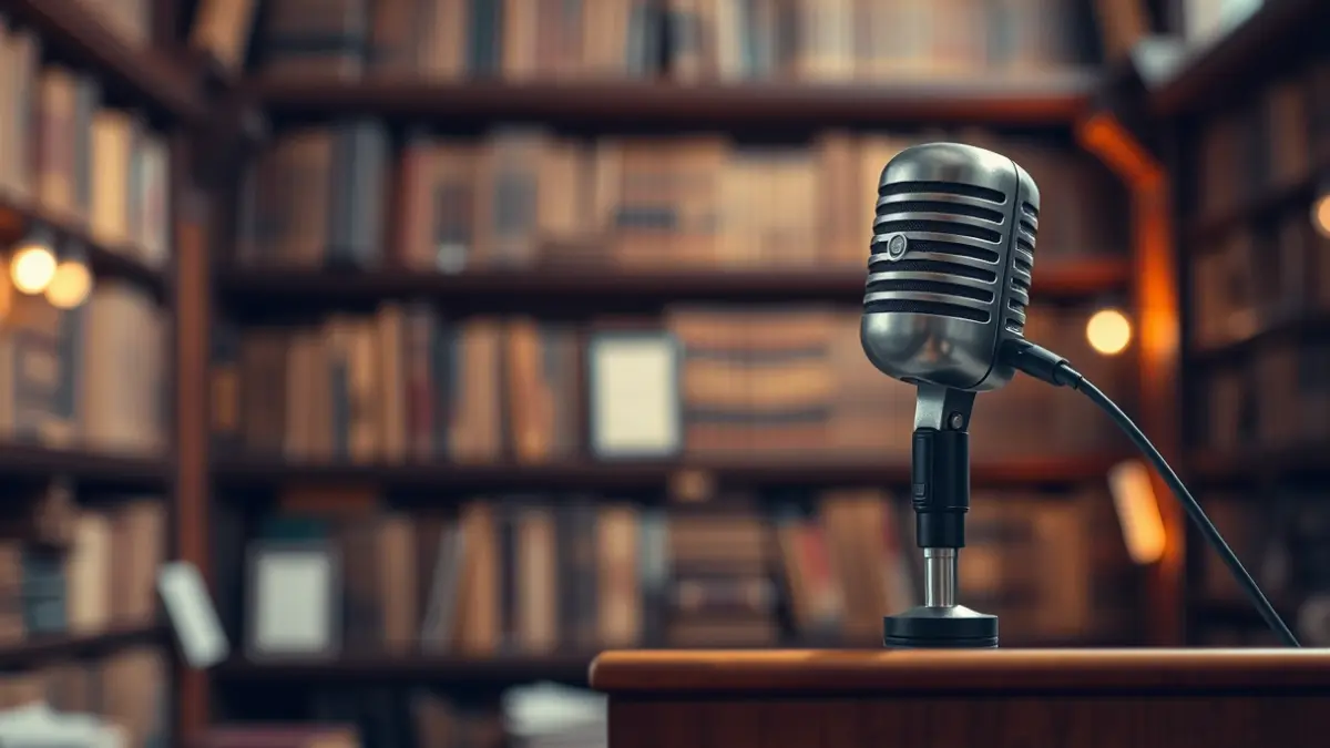 Imagen genérica de un micrófono en un podio, con un fondo de libros o documentos antiguos, en un ambiente cálido.