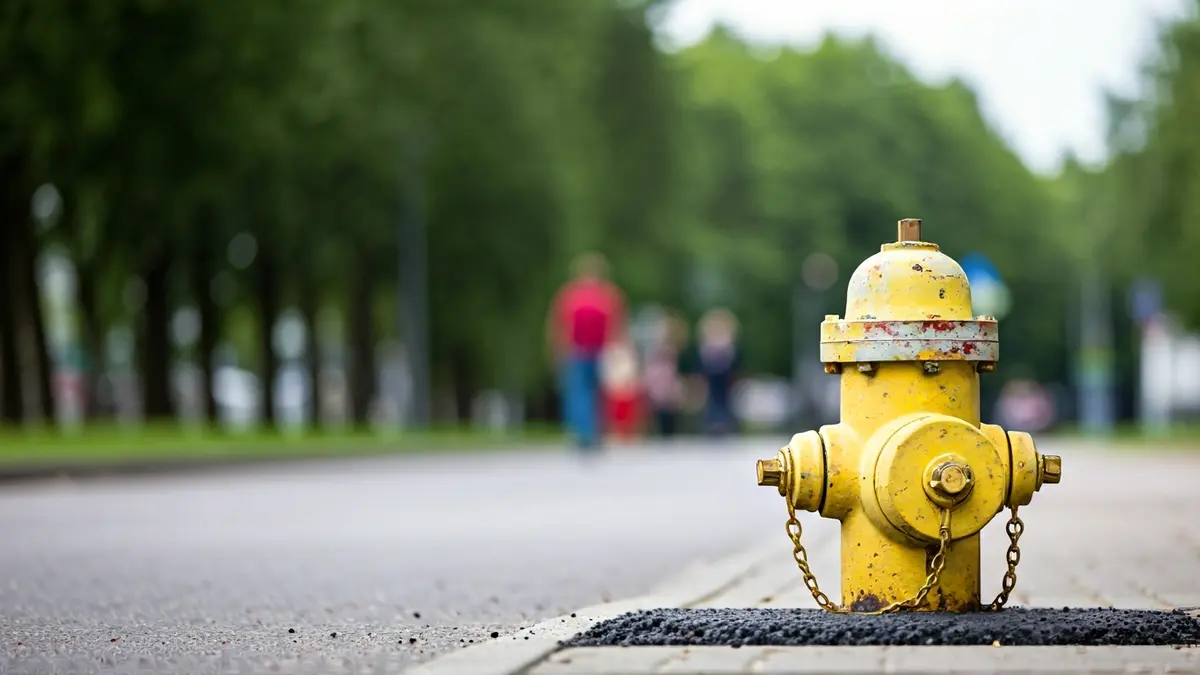 Image of a fire hydrant in an industrial park with a green corridor.