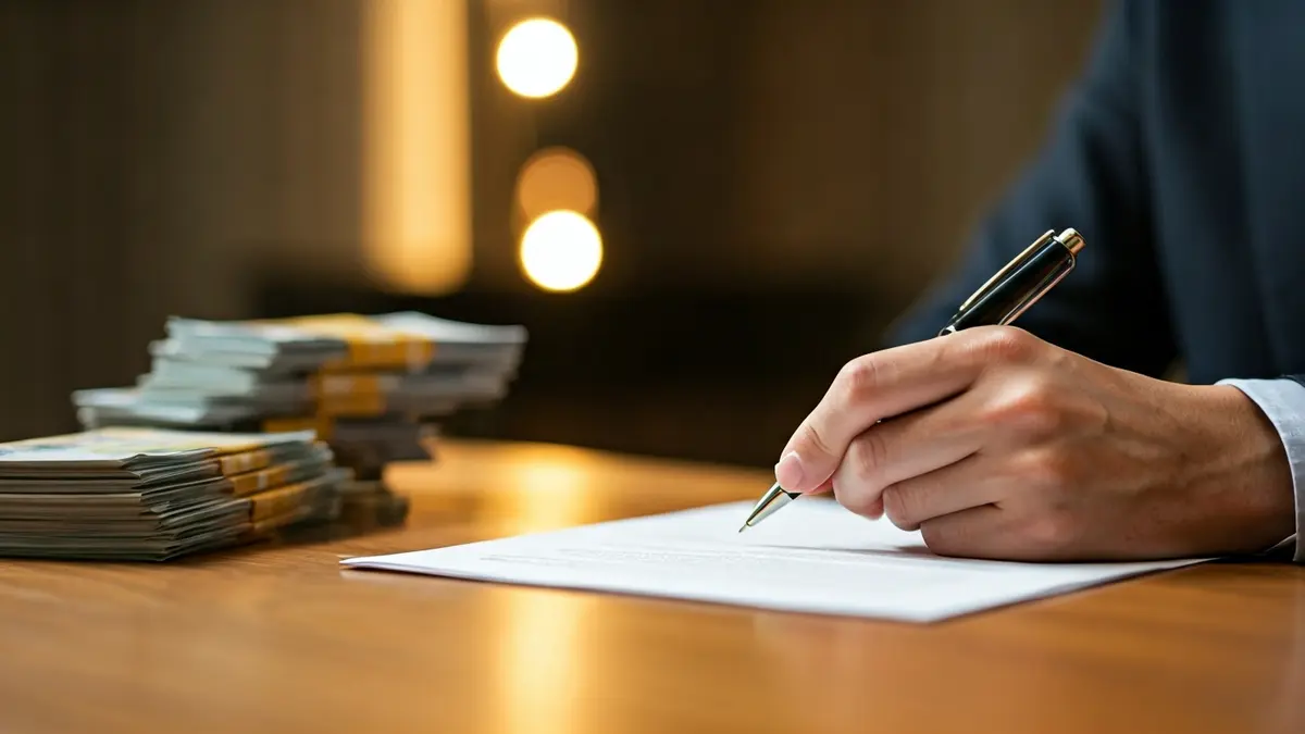 Imagen genérica de una mano firmando un documento, con dinero y papeles desenfocados al fondo.