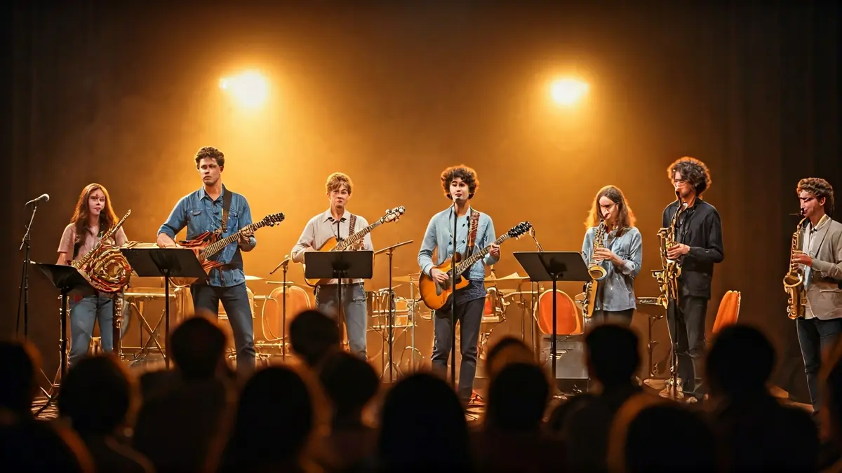 Image of a community concert with young musicians and an audience, symbolizing social cohesion through art.
