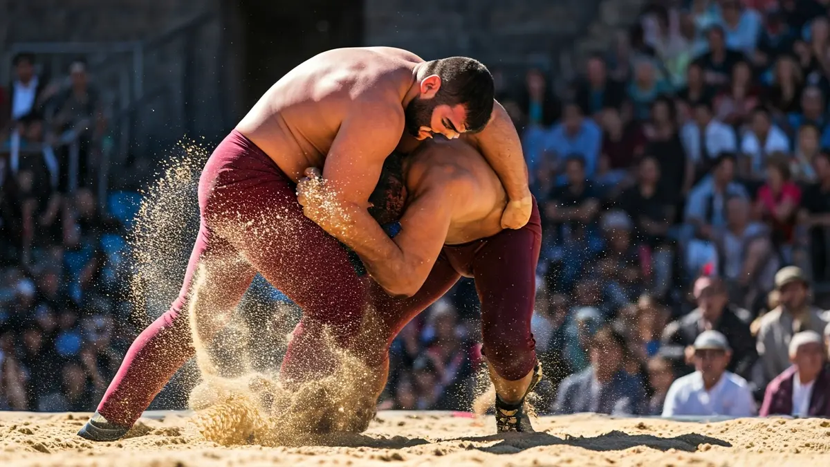 Image of two Canarian wrestling fighters in a sand pit.