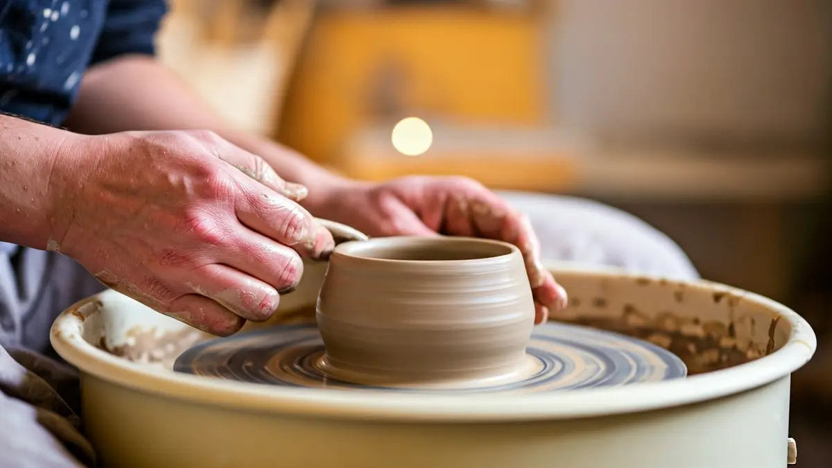 Generic image of artisan hands working with clay on a pottery wheel.