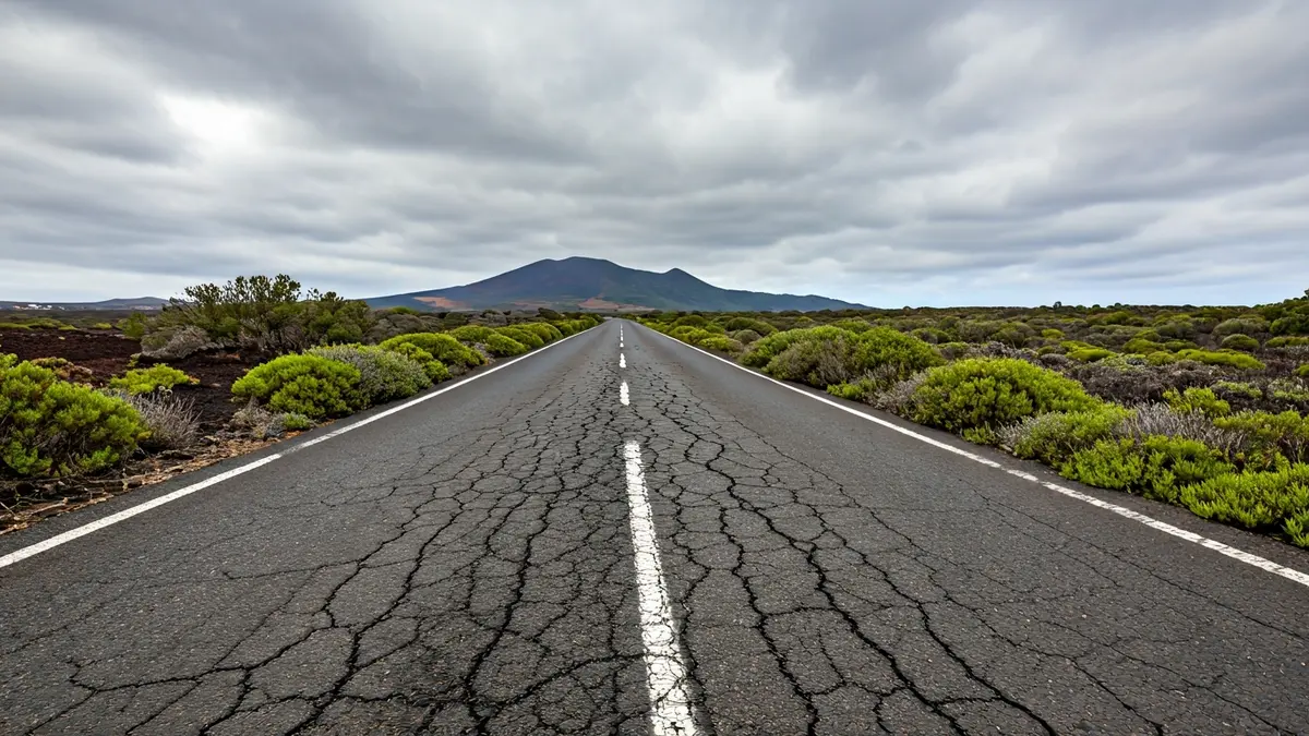 Image of a road damaged by a storm in Tenerife, with cracks and potholes, and surrounding vegetation.