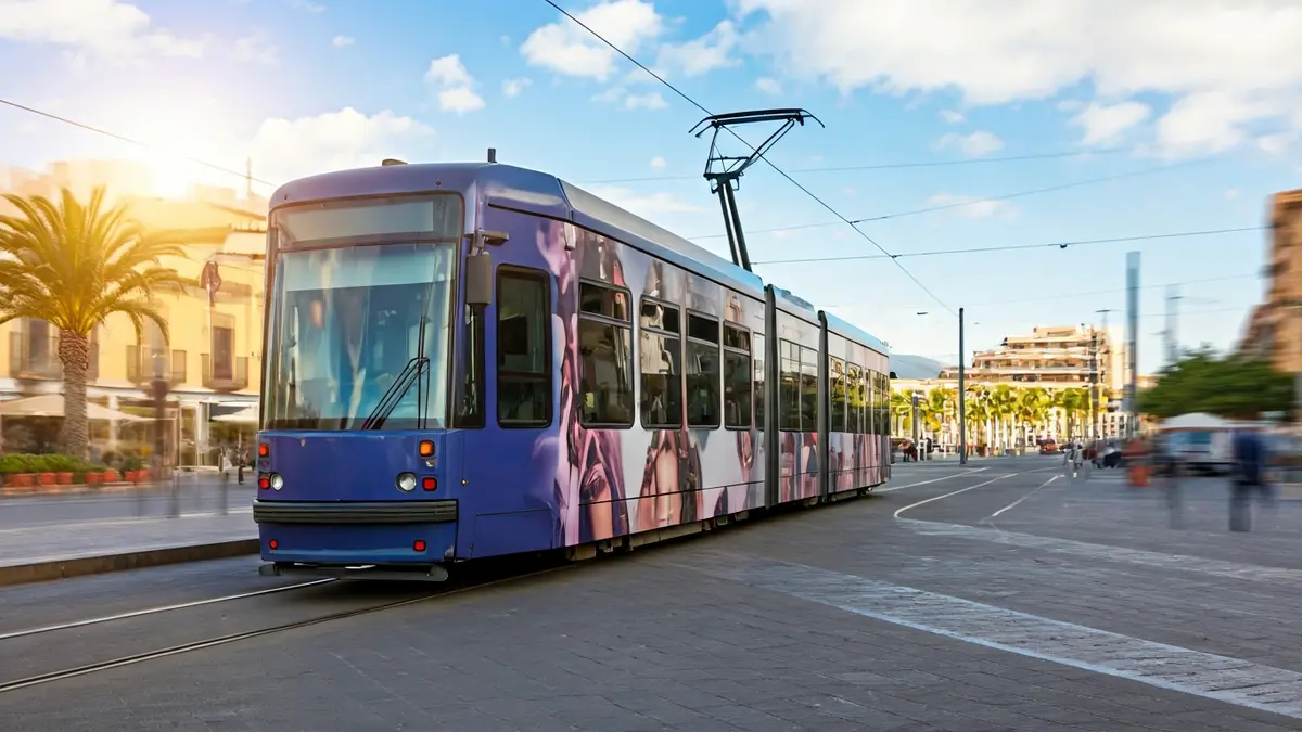 Tranvía de Tenerife con publicidad de la Semana Internacional de la Moda 2026.