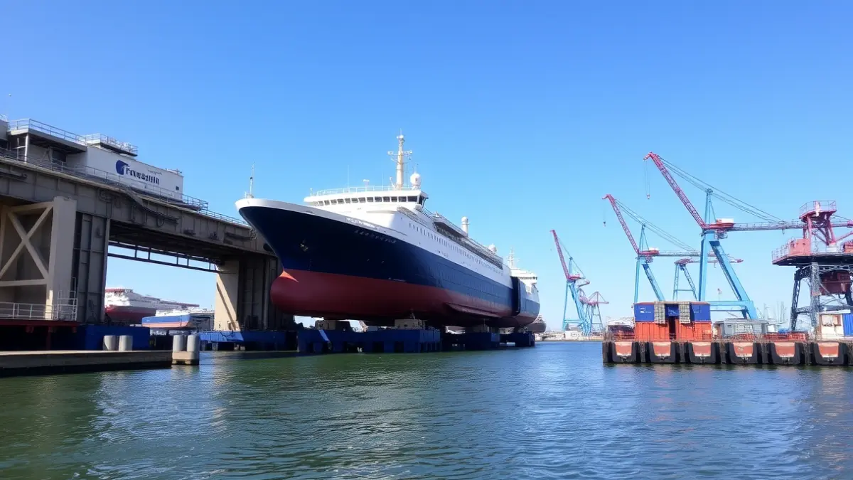Imagen de un dique flotante moderno con un barco en reparación en un puerto de Canarias.
