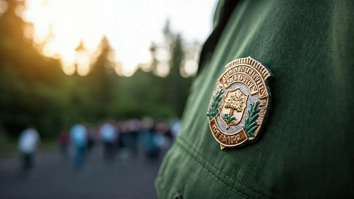 Imagen genérica de un distintivo de agente de medio ambiente con un bosque borroso de fondo.