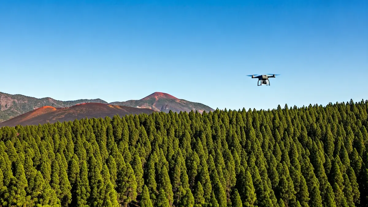 Imagen de un dron sobrevolando un bosque de pinos en un paisaje volcánico, con luces de emergencia borrosas al fondo.