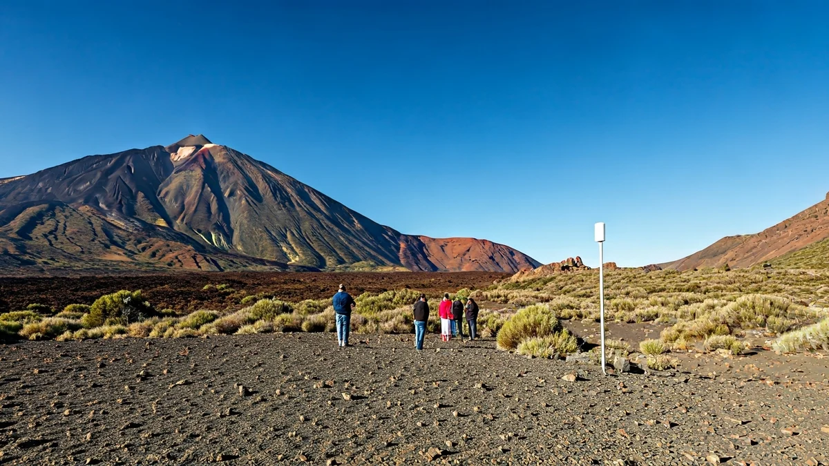 Image of seismic monitoring equipment in a volcanic landscape with Teide in the background.