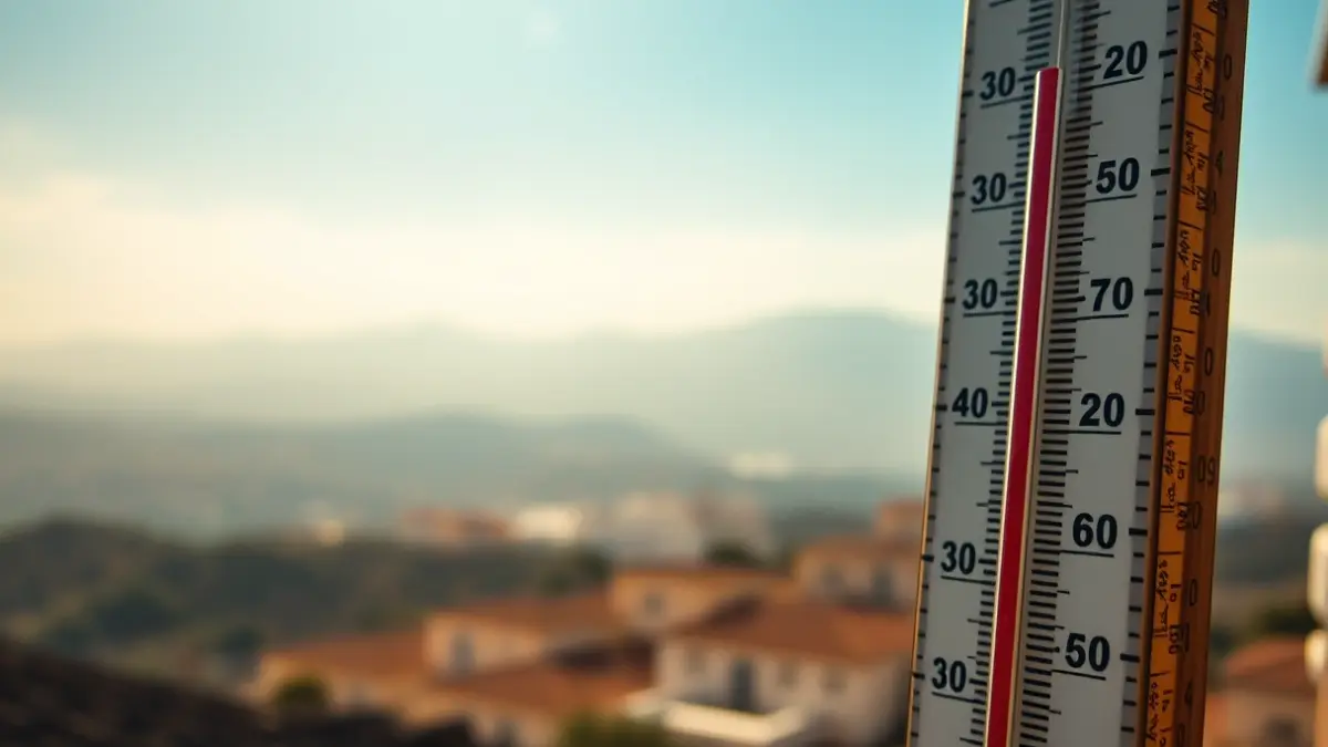 Generic image of a thermometer showing high temperatures with a hazy, calima-filled sky in the background.