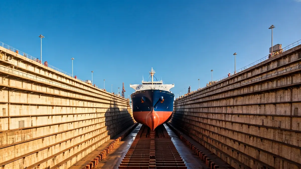Imagen de un dique flotante en un puerto, con un buque en reparación.