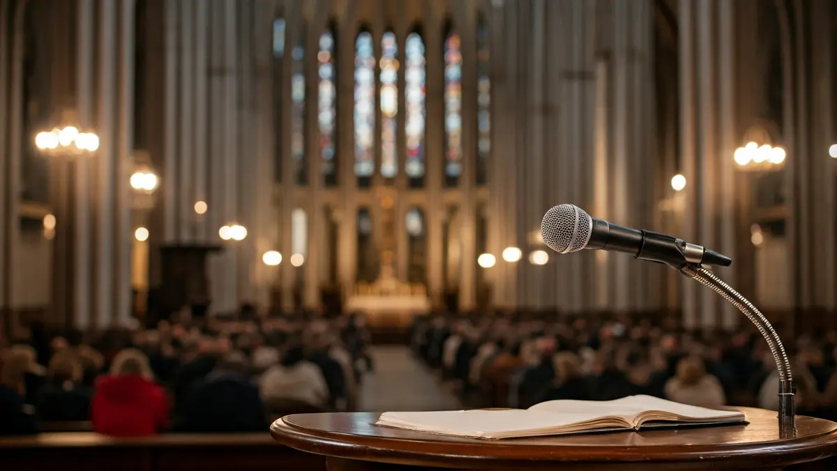 Image of a microphone on a podium inside a cathedral, with soft light and traditional architecture.
