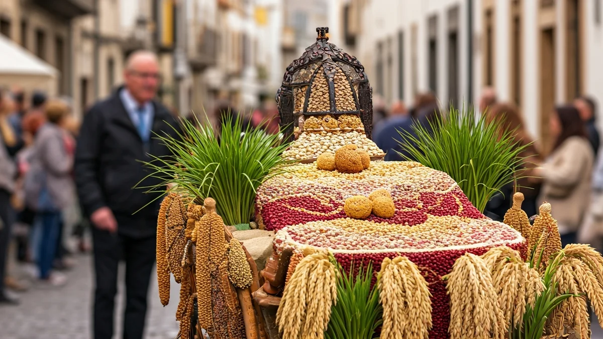 Carreta tradicional canaria decorada con productos agrícolas en una romería festiva.