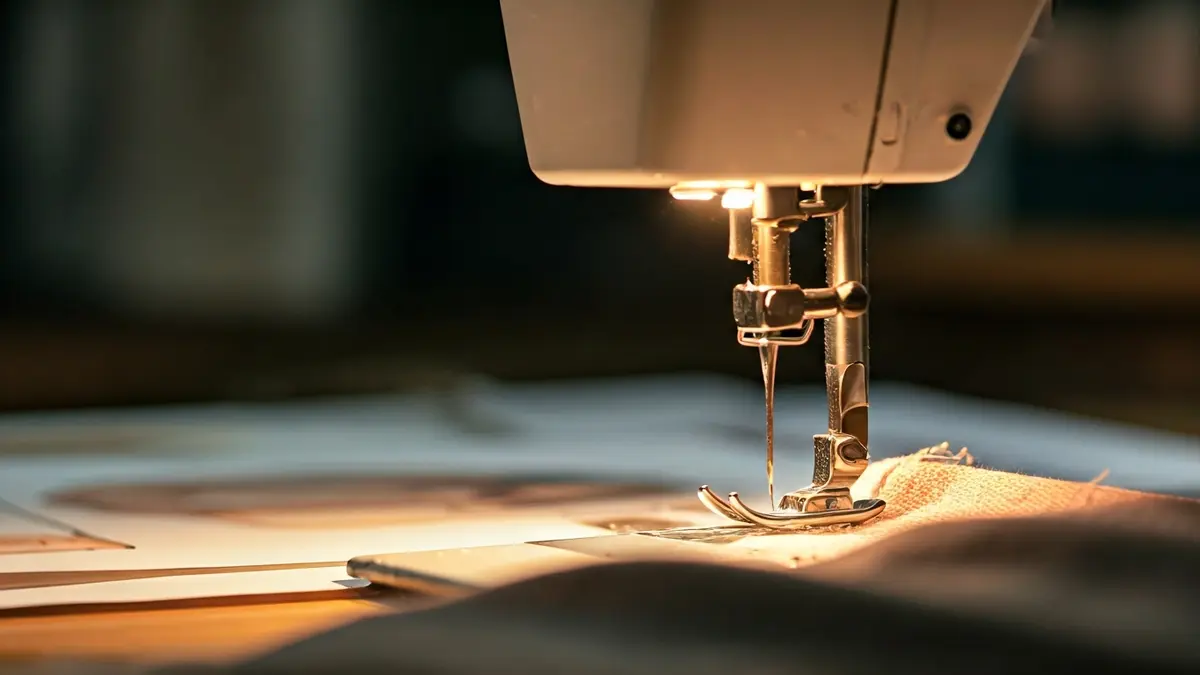 Generic image of a sewing machine needle working on fabric, with blurred fashion sketches in the background.