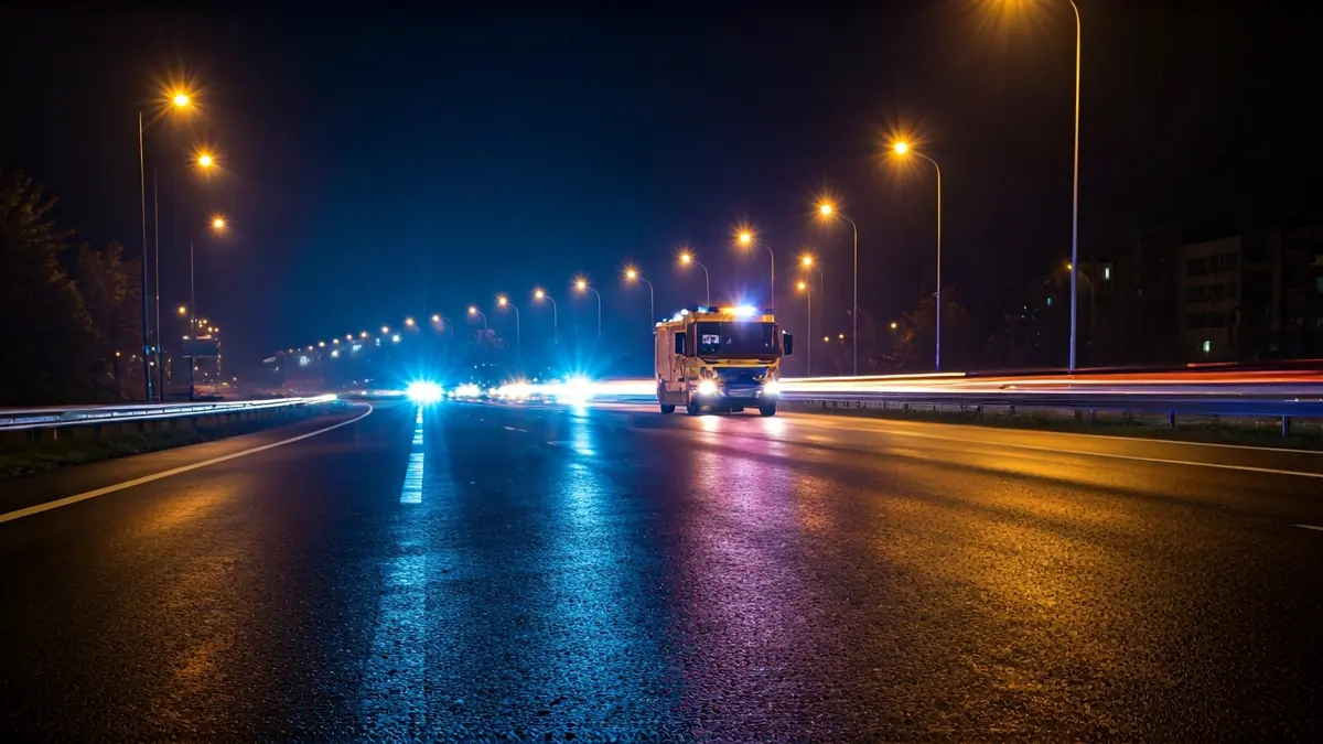 Generic image of emergency lights on a wet road at night.