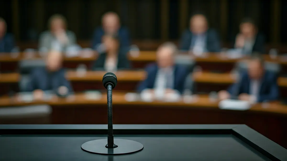 Generic image of a microphone on a podium during a parliamentary debate.