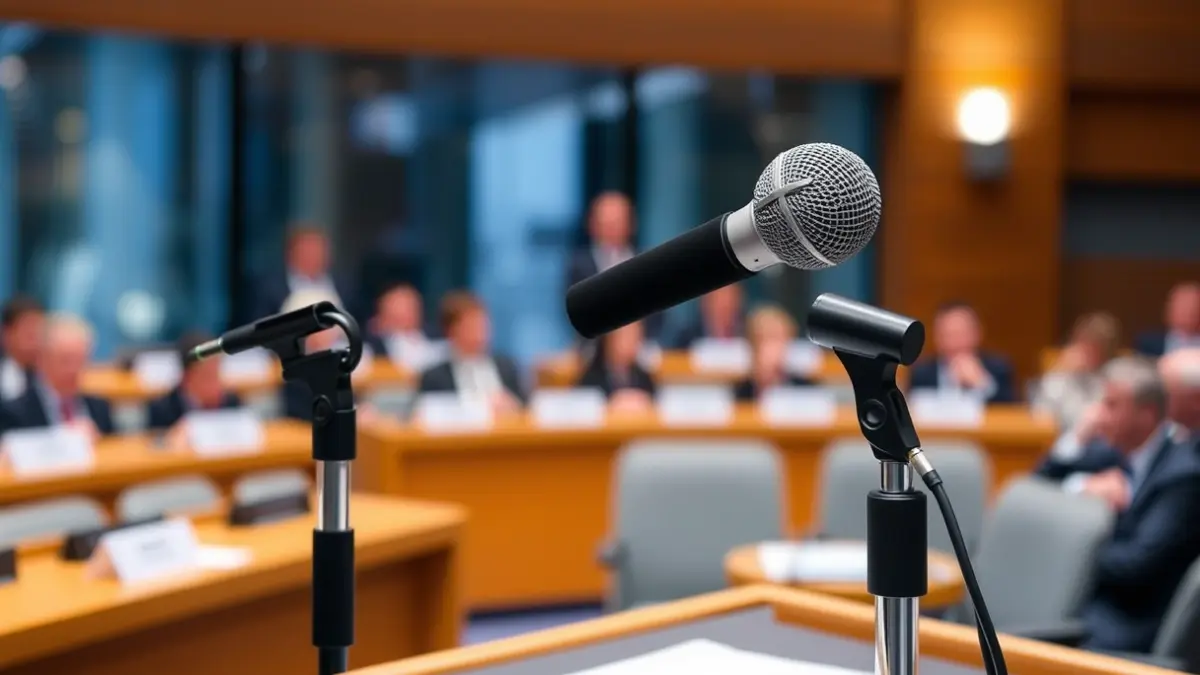Generic image of a microphone on a podium during a political session.