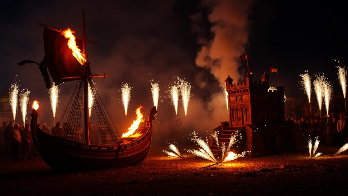 Imagen del espectáculo pirotécnico de la Quema del Barco y el Castillo en Teror.