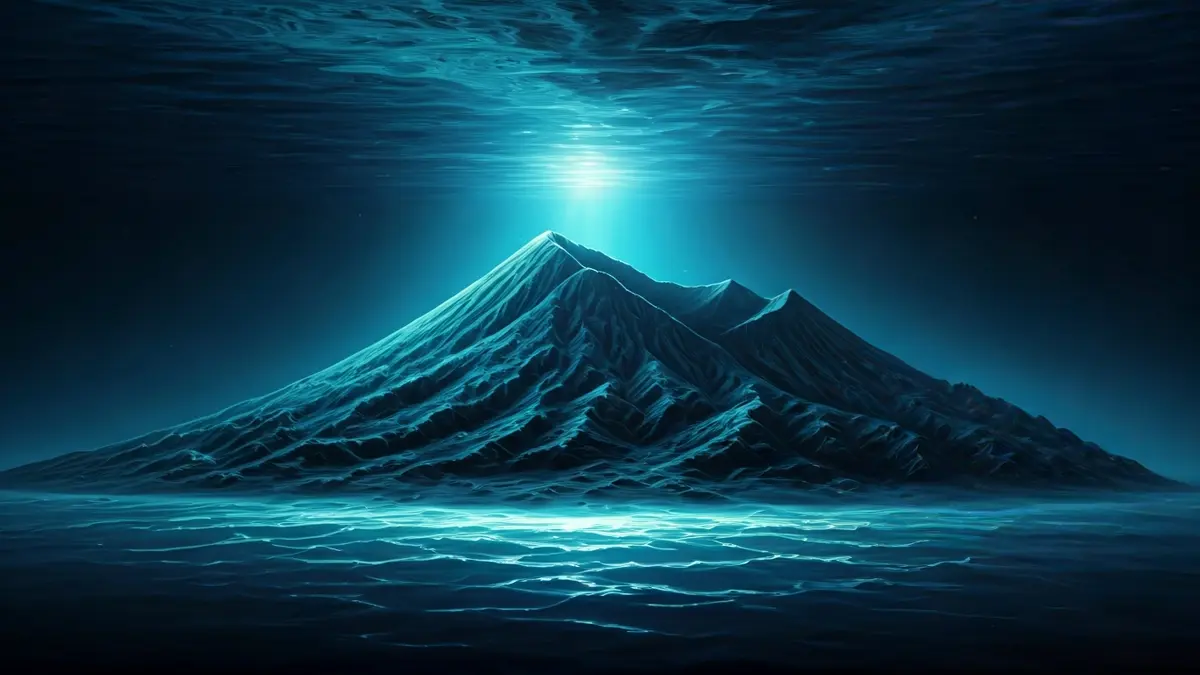 Image of an underwater volcano, with its conical shape and the deep ocean surrounding it.