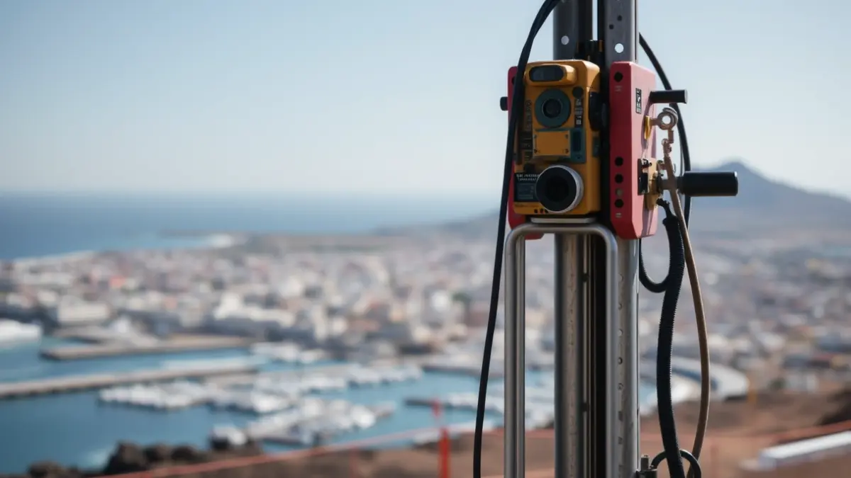 Imagen de una perforadora en un sitio de construcción, con un pueblo costero al fondo.
