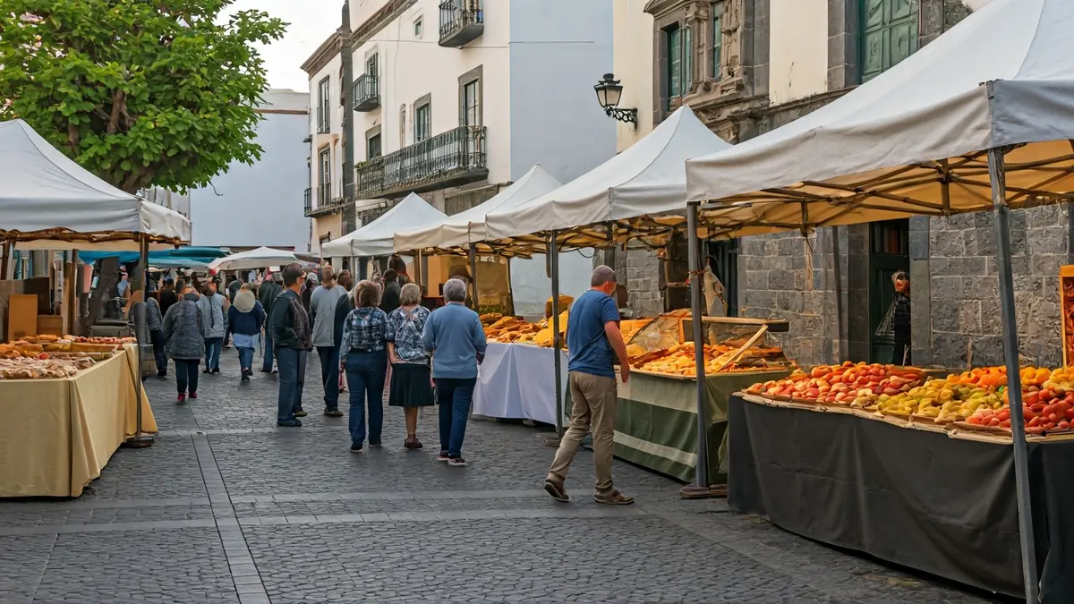 Imagen genérica de un mercado al aire libre con puestos de comida y gente, en una plaza de pueblo canario.