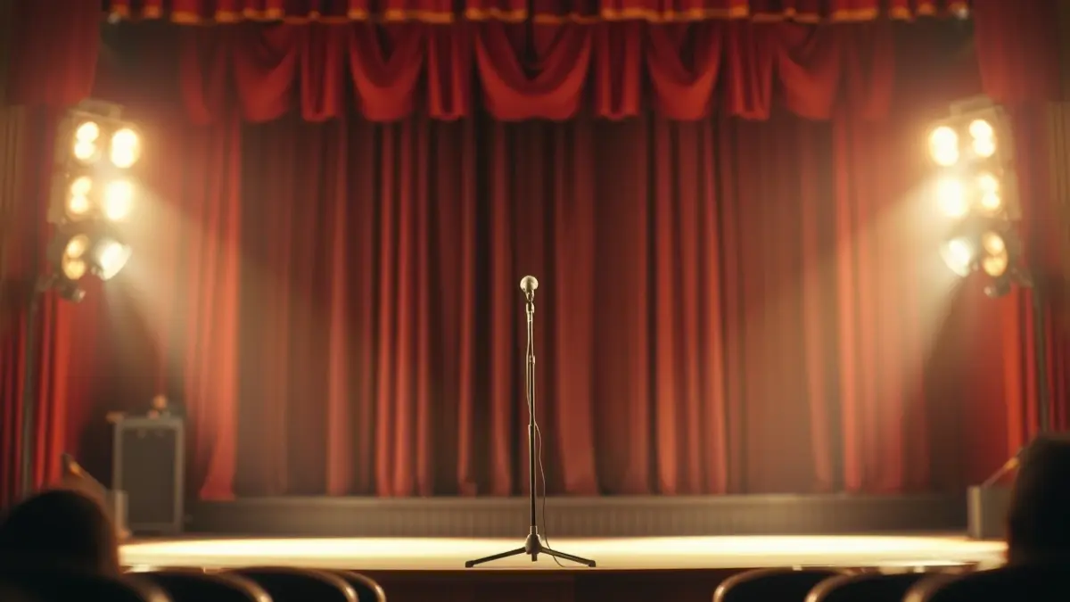 Imagen genérica de un escenario con un micrófono, evocando una representación teatral comunitaria.