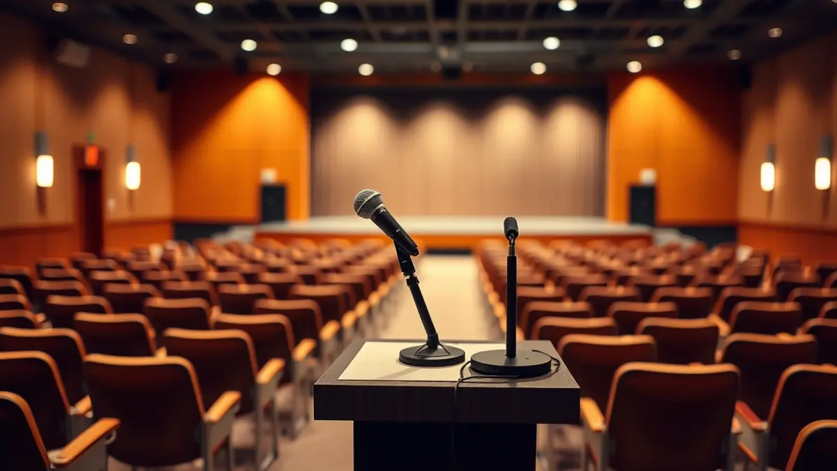 Generic image of a podium with a microphone in an empty auditorium, ready for a presentation or masterclass.