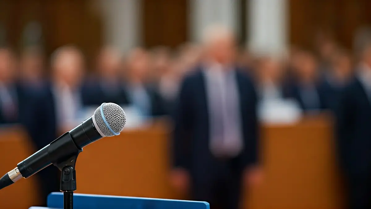Imagen genérica de un micrófono en un podio durante una conferencia política.