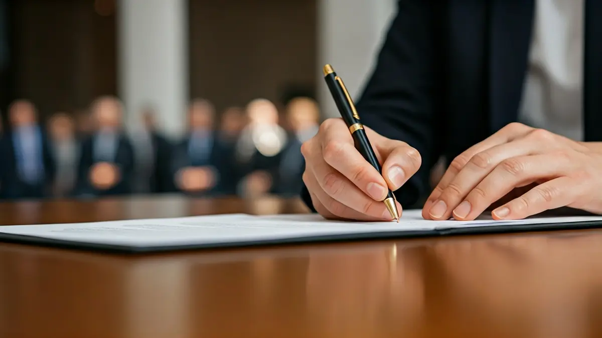 Generic image of hands signing an official document, symbolizing legal agreements and political decisions.