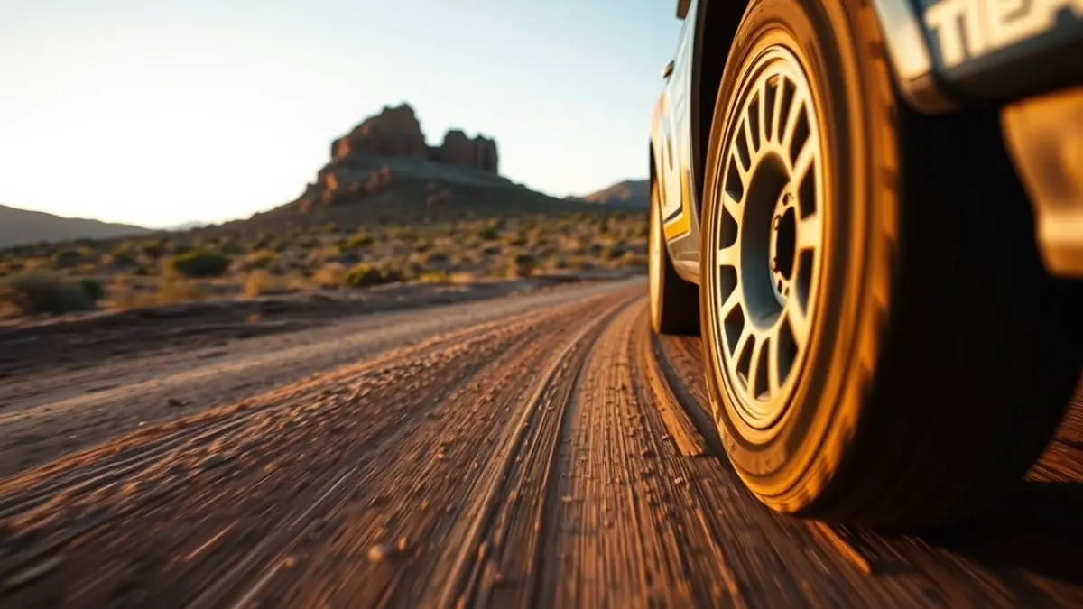 Imagen de un neumático de coche de rally en una pista de tierra en Canarias.