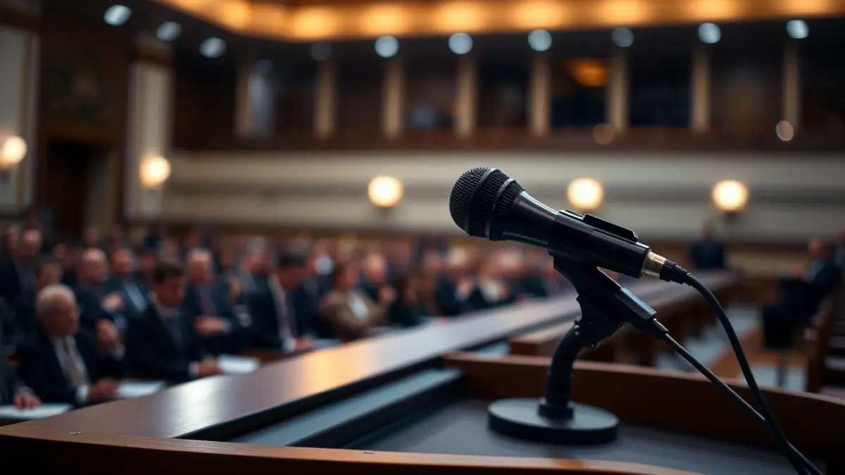 Imagen genérica de un micrófono en un podio durante una reunión pública.