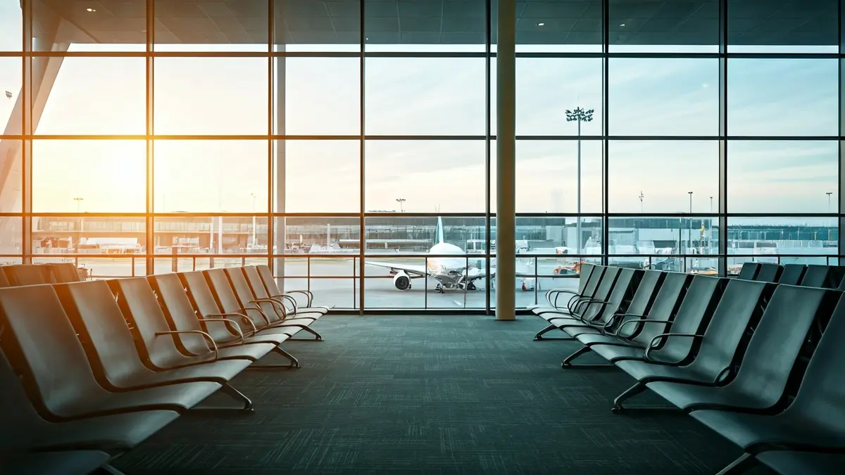 Imagen genérica de un aeropuerto vacío al amanecer, con luz suave y un avión en la pista.