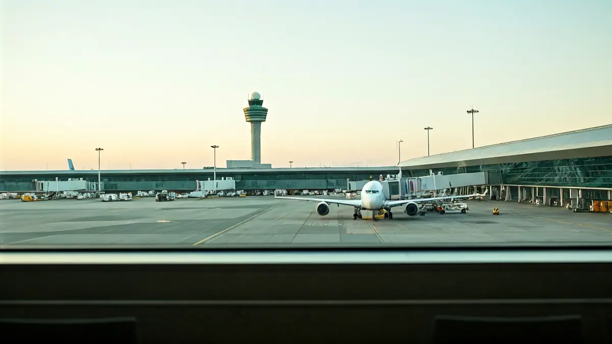 Generic image of an airport terminal window with blurred airplanes on the tarmac.
