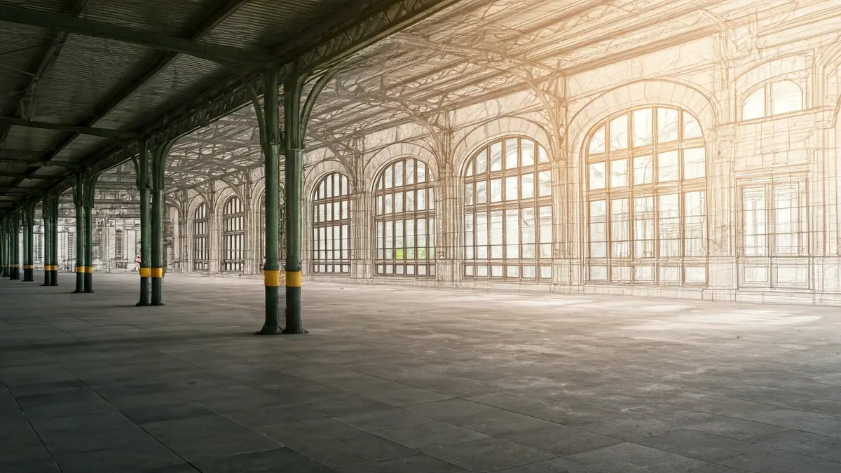 Dibujo arquitectónico de una estación de tren con vegetación y pavimentos permeables.