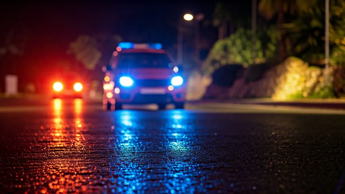 Generic image of emergency lights reflecting on wet asphalt at night.