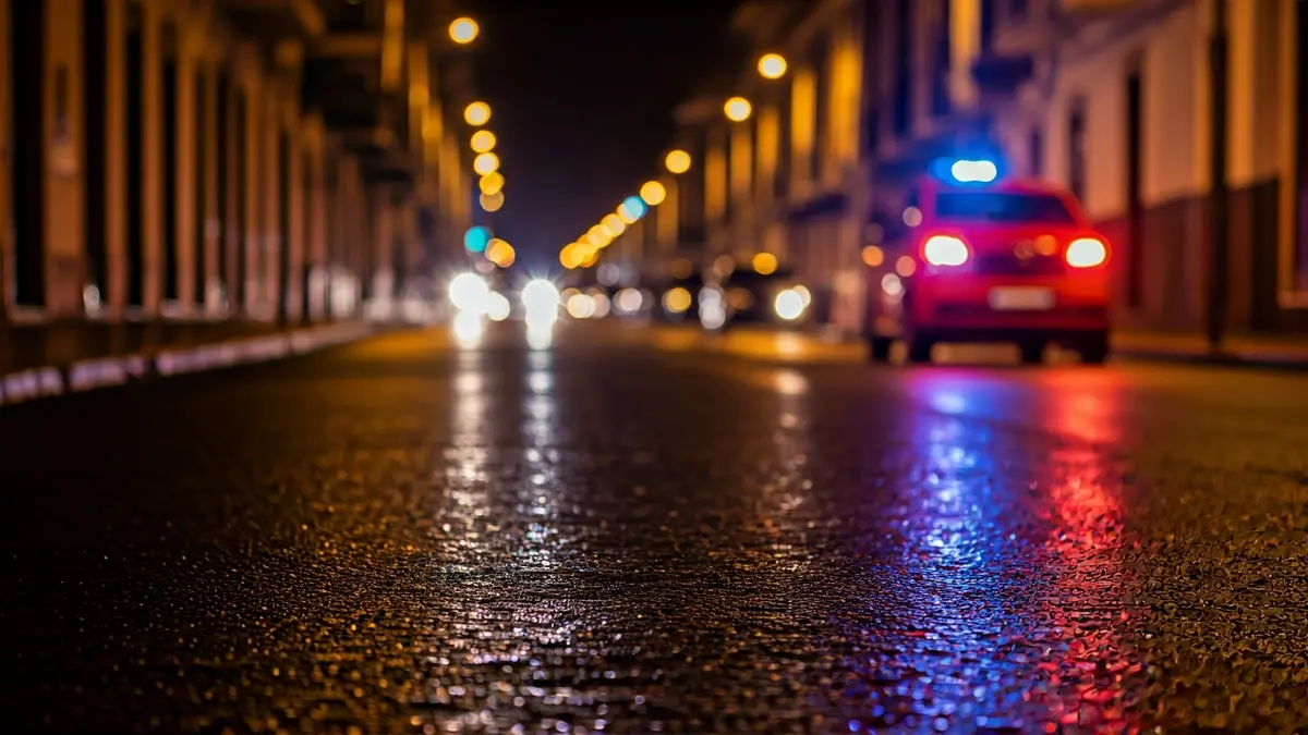 Generic image of emergency lights reflecting on wet asphalt at night.