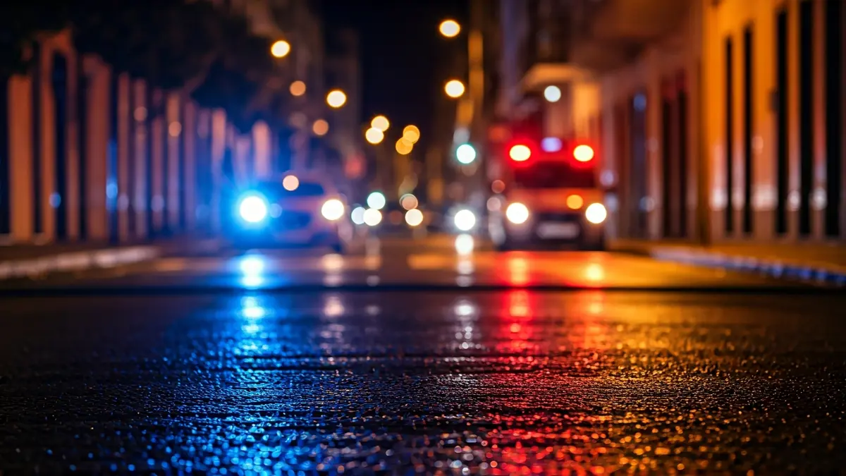 Generic image of emergency lights reflecting on wet asphalt at night.