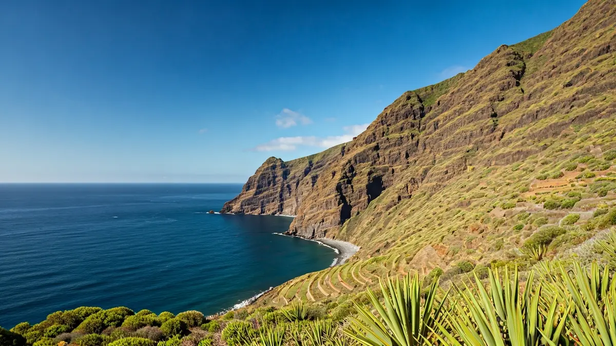 Coastal landscape of La Gomera with volcanic cliffs and lush vegetation.
