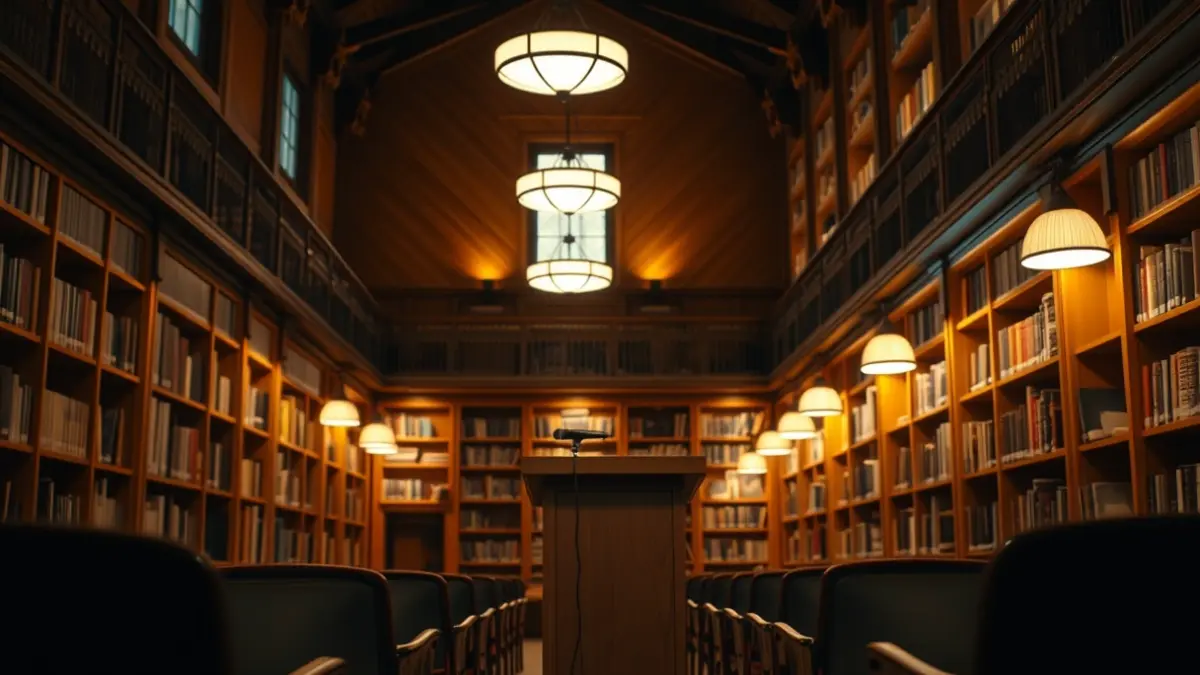 Imagen genérica de un auditorio o sala de conferencias con un micrófono en un podio.