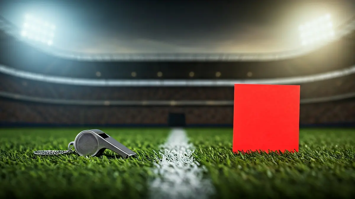 Imagen genérica de un silbato de árbitro y una tarjeta roja en un campo de fútbol.