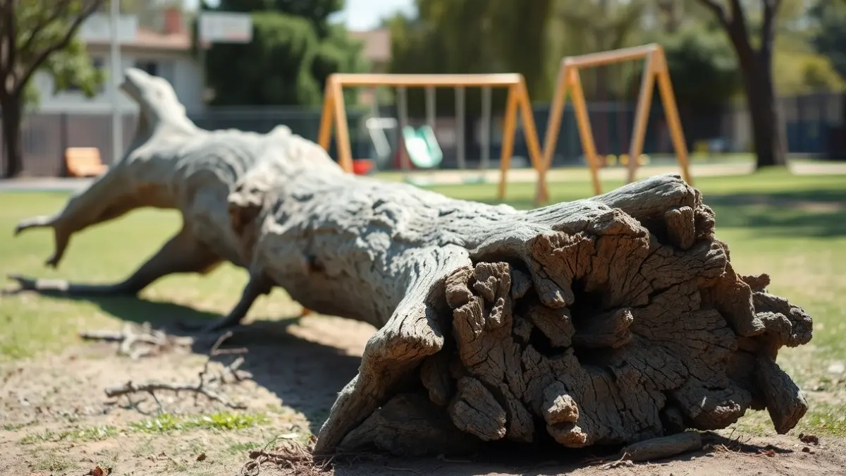 Image of a fallen tree trunk in a kindergarten playground.
