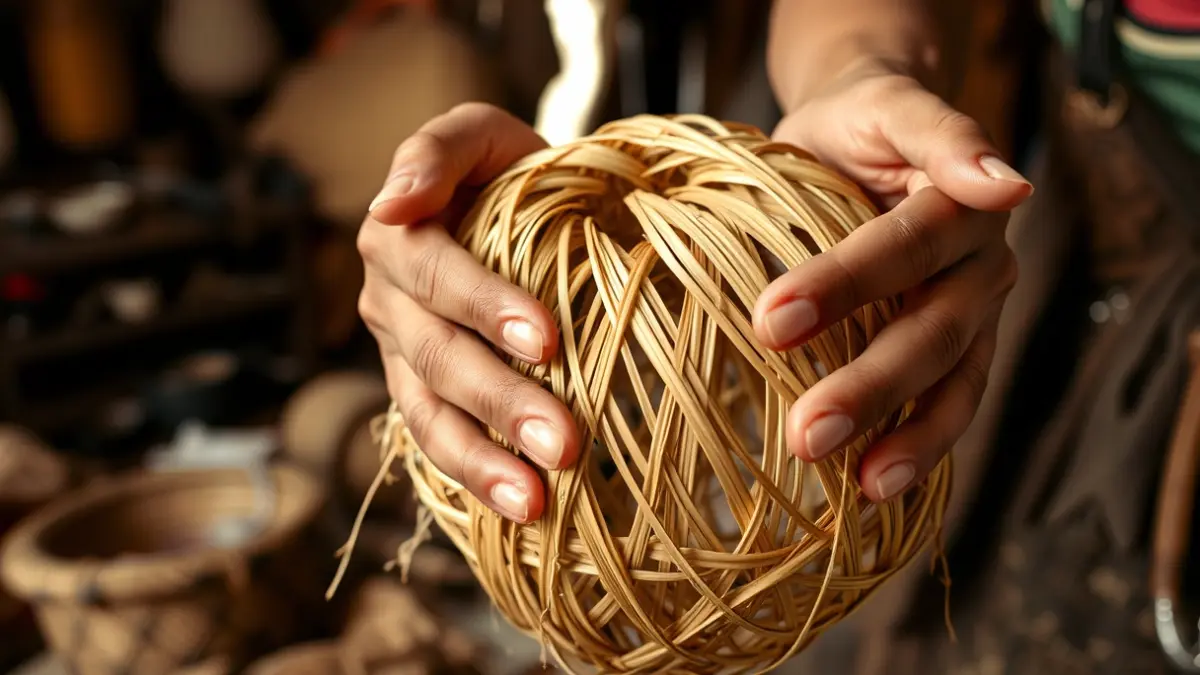 Image of hands crafting a ball from banana leaves in a traditional workshop.